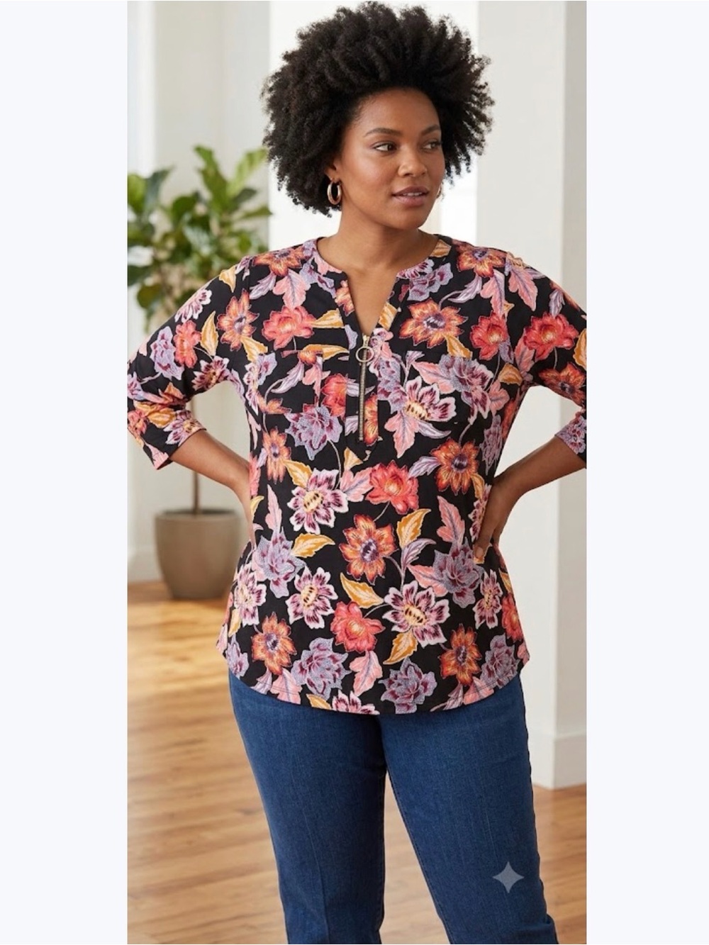 croft & barrow Black Floral Zip-Front Blouse with Pink & Orange Flowers